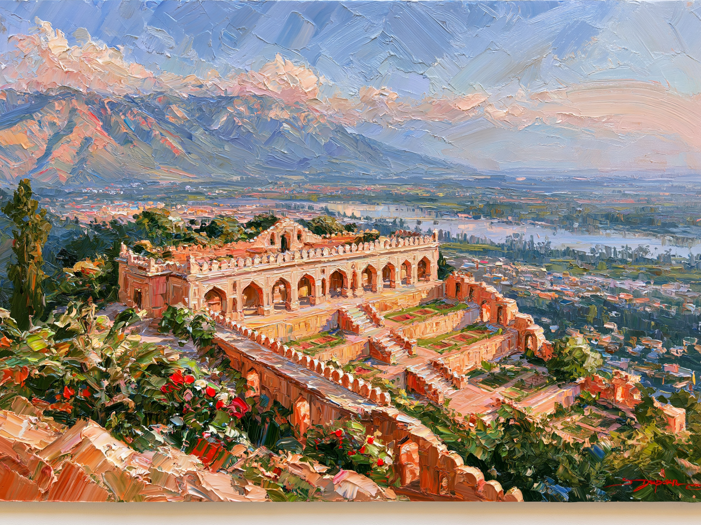Palette-knife oil painting of the arched stone terraces of Pari Mahal above Srinagar, evening haze over the valley and lake below