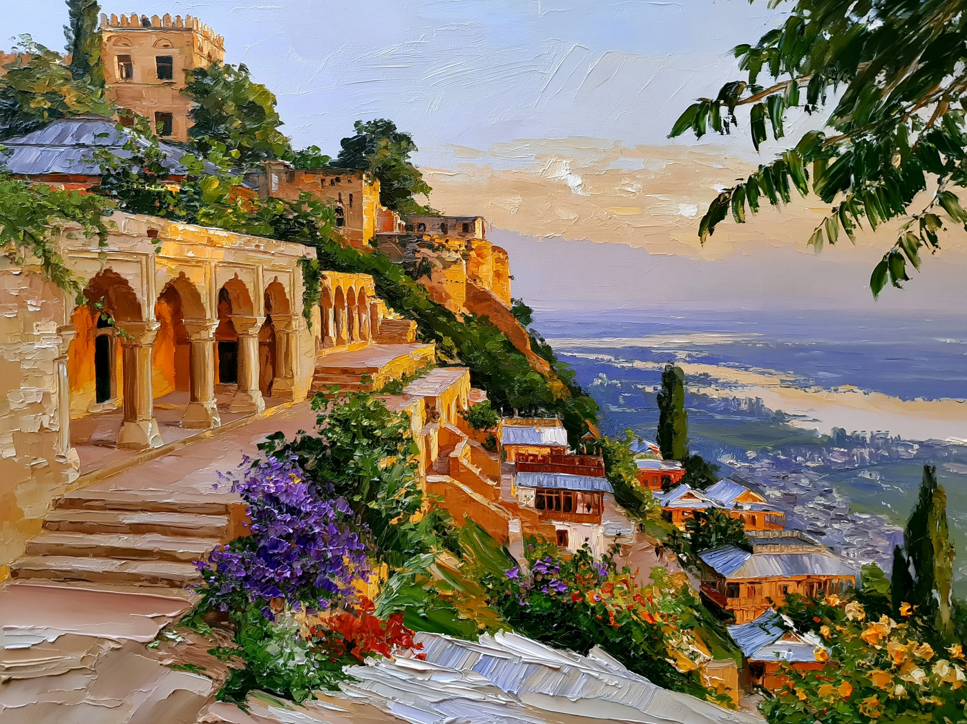 Palette-knife oil painting of the arched stone terraces of Pari Mahal above Srinagar, evening haze over the valley and lake below