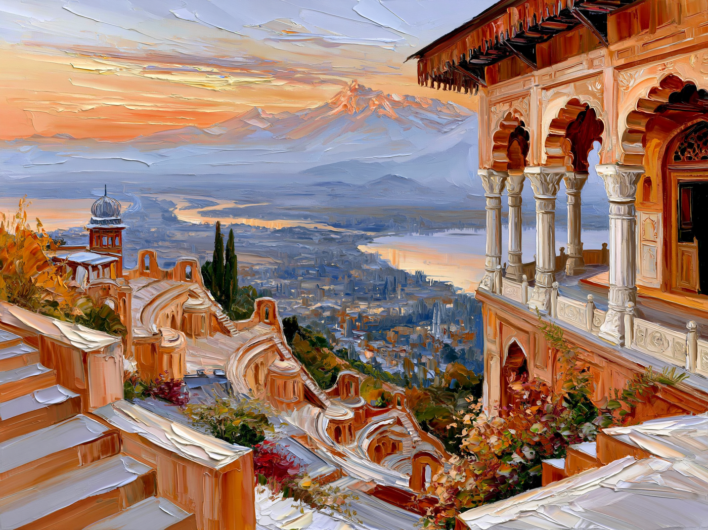 Palette-knife oil painting of the arched stone terraces of Pari Mahal above Srinagar, evening haze over the valley and lake below