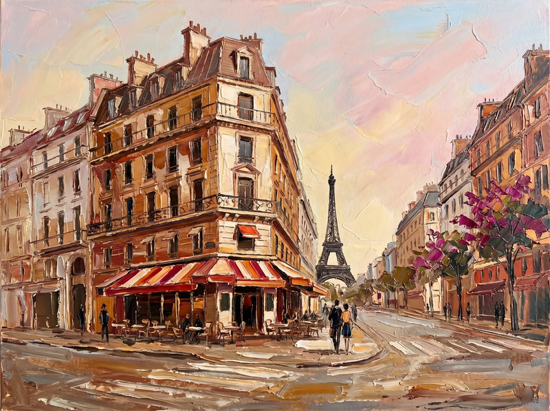 Palette-knife oil painting of a Paris boulevard corner, a café with a red striped awning and the Eiffel Tower in soft haze down a golden street with a walking couple