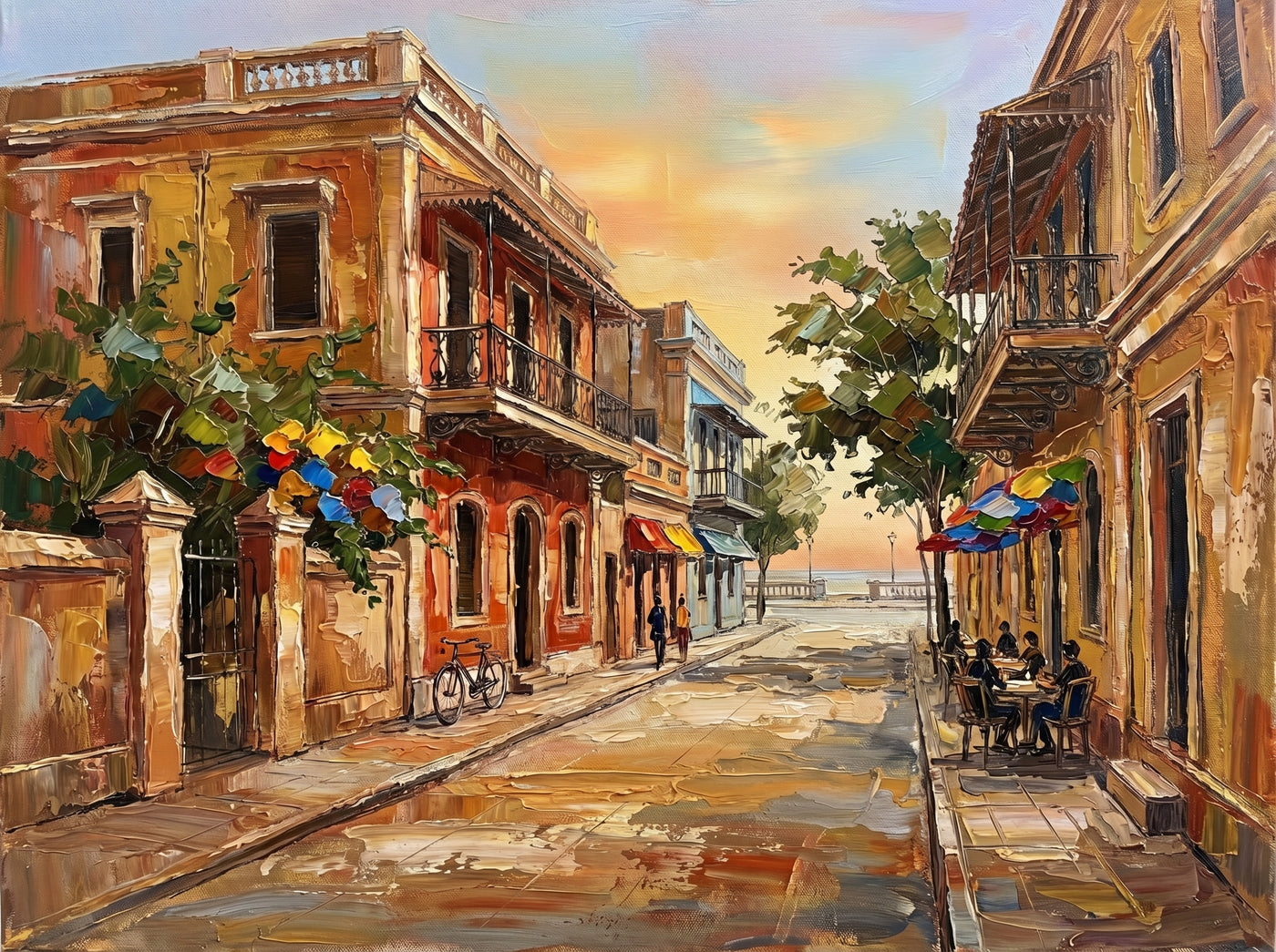 Palette-knife oil painting of Pondicherry's French Quarter at dusk, mustard colonial houses with balconies and a red awning, a cafe table under a tree and a cobbled street running to the sea
