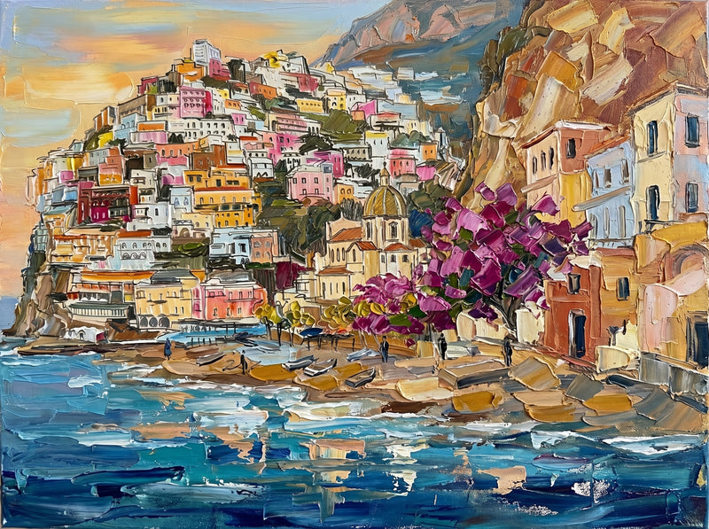 Palette-knife oil painting of Positano on the Amalfi Coast, pastel houses stacked up the cliff with the majolica church dome, magenta bougainvillea and a teal Mediterranean below