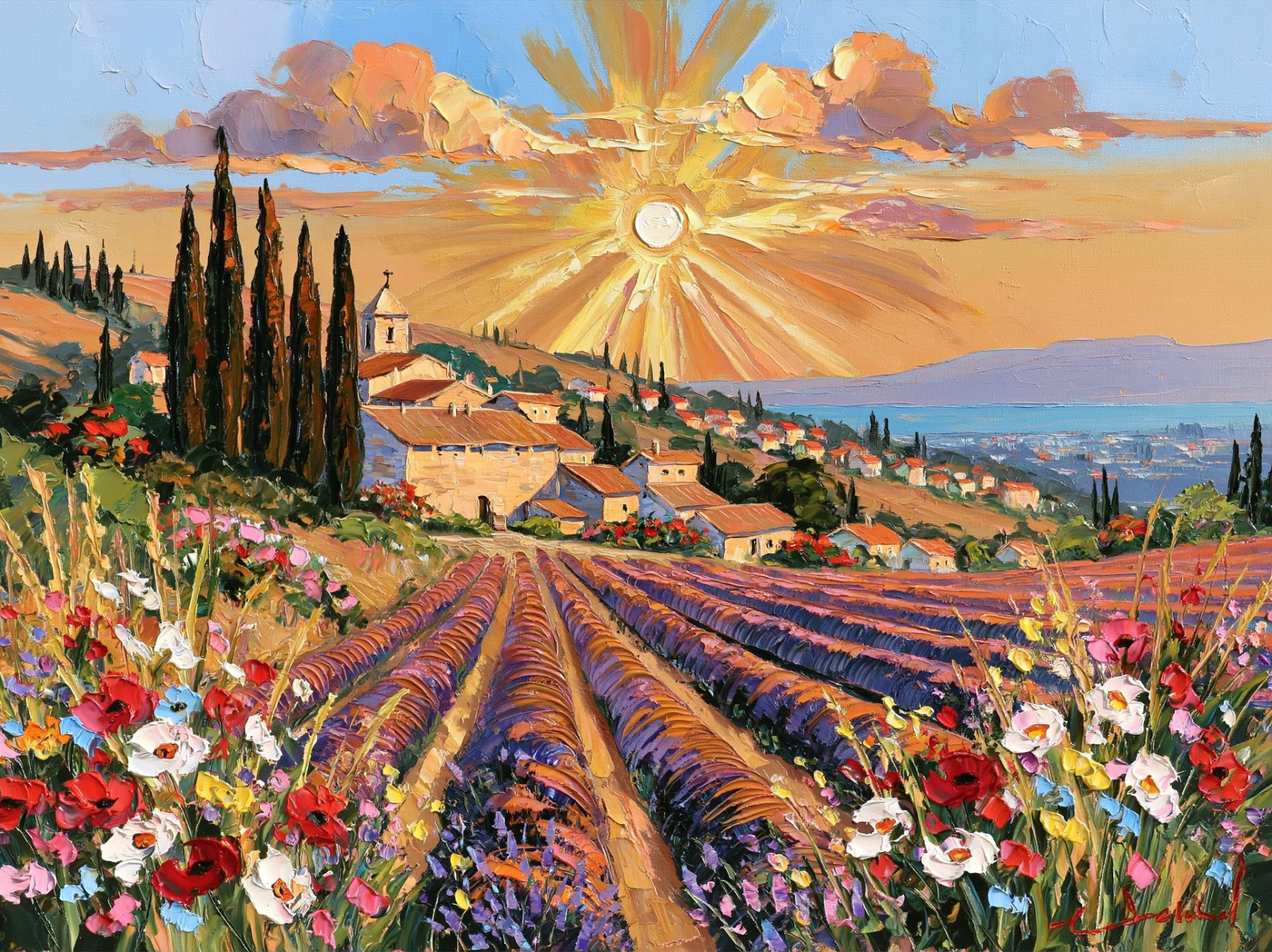 Palette-knife oil painting of lavender rows in Provence at sunset, violet corduroy lines running to a stone farmhouse and a row of cypress