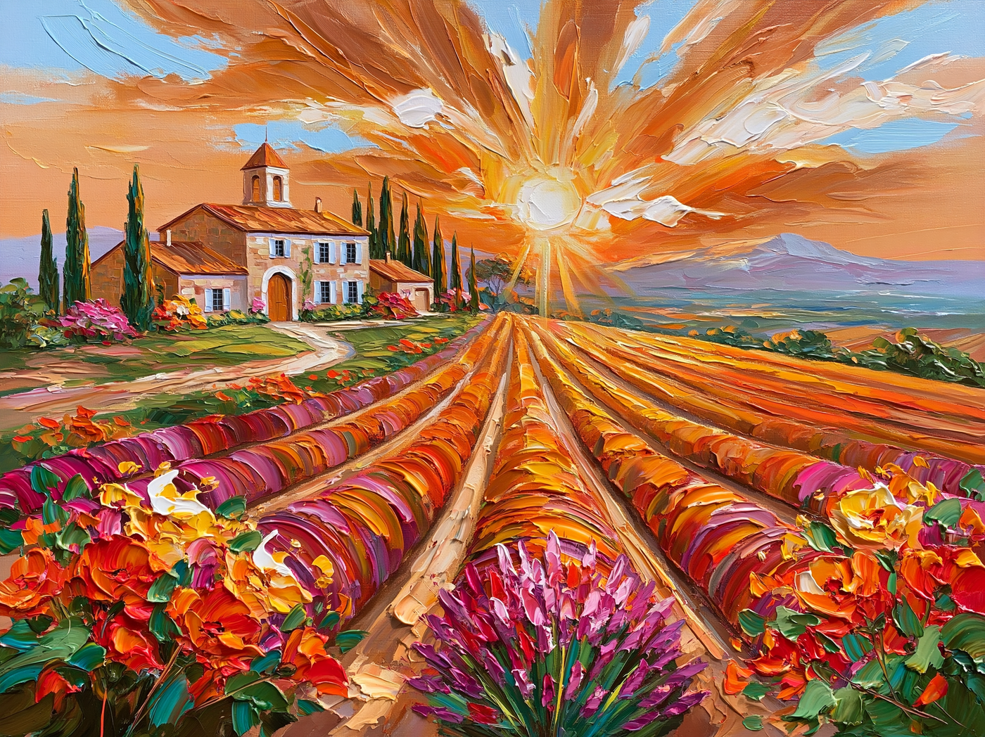 Palette-knife oil painting of lavender rows in Provence at sunset, violet corduroy lines running to a stone farmhouse and a row of cypress