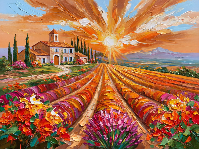 Palette-knife oil painting of lavender rows in Provence at sunset, violet corduroy lines running to a stone farmhouse and a row of cypress