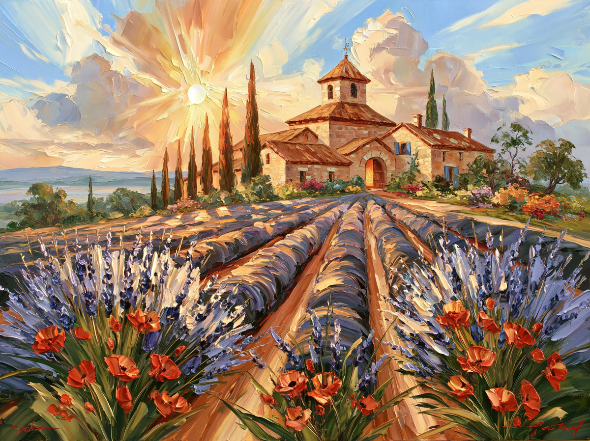 Palette-knife oil painting of lavender rows in Provence at sunset, violet corduroy lines running to a stone farmhouse and a row of cypress