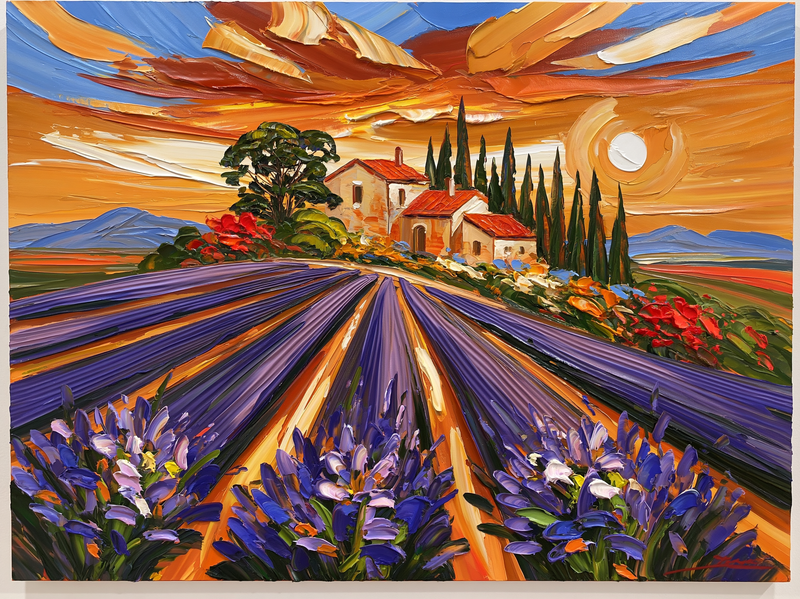 Palette-knife oil painting of lavender rows in Provence at sunset, violet corduroy lines running to a stone farmhouse and a row of cypress