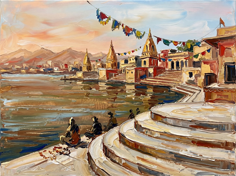Palette-knife oil painting of the Pushkar Lake ghats at sunrise, curved cream steps to a still amber lake with seated pilgrims, gold temple spires and prayer flags under a peach sky