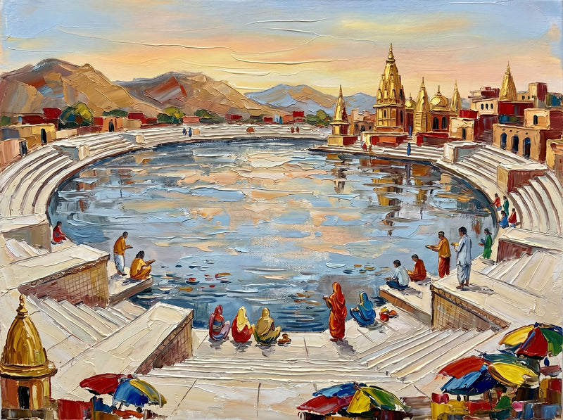 Palette-knife oil painting of Pushkar Lake, curved white ghats wrapping the holy water with gold temple spires, pilgrims in bright saris and desert hills at sunset