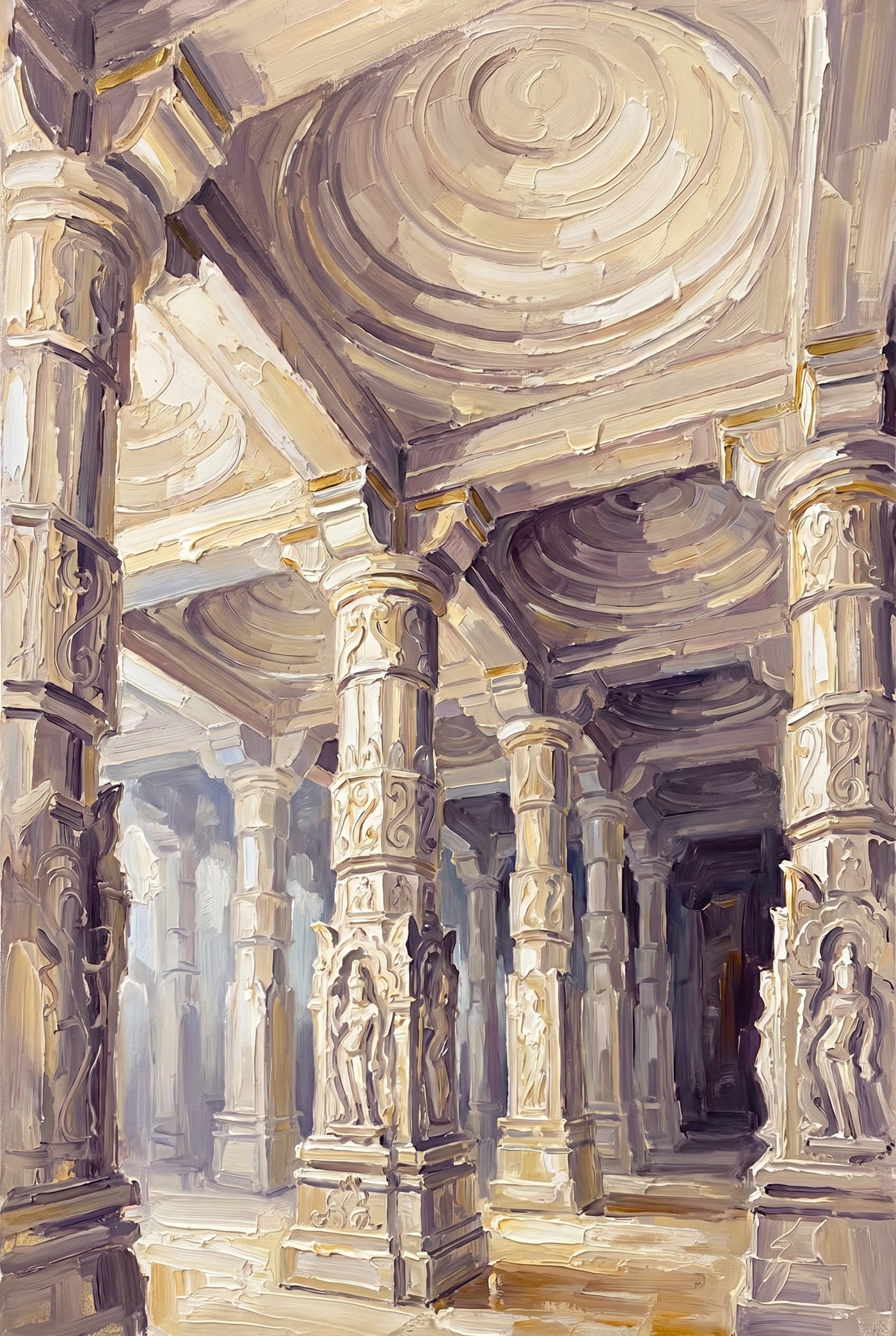 Palette-knife oil painting of the Ranakpur Jain temple interior, carved ivory marble pillars and a spiralled dome glowing in soft diffuse light with a distant figure