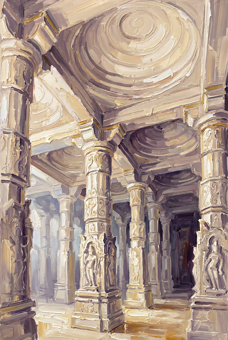 Palette-knife oil painting of the Ranakpur Jain temple interior, carved ivory marble pillars and a spiralled dome glowing in soft diffuse light with a distant figure