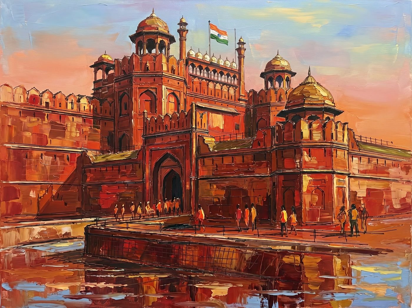 Palette-knife oil painting of the Red Fort Delhi at the Lahori Gate, deep red sandstone walls and domed chhatris with the Indian tricolour flying and crowds on the plaza under a peach-orange sky
