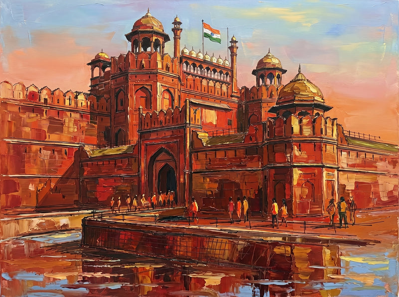 Palette-knife oil painting of the Red Fort Delhi at the Lahori Gate, deep red sandstone walls and domed chhatris with the Indian tricolour flying and crowds on the plaza under a peach-orange sky