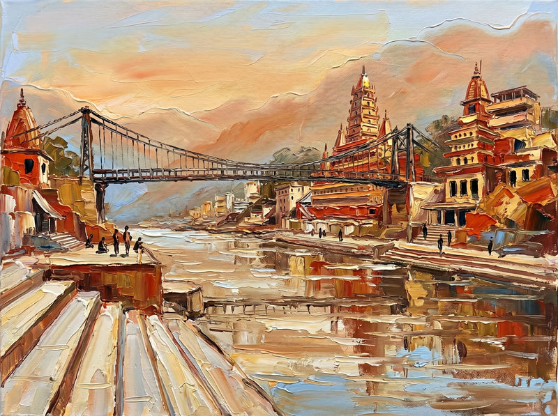 Palette-knife oil painting of Ram Jhula Rishikesh, the suspension bridge over a broad pale Ganga with tiered ochre riverside temples and Himalayan foothills at golden hour