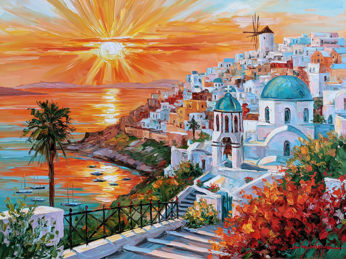 Palette-knife oil painting of Oia Santorini at sunset, white cubic houses and blue domes cascading down the cliff above a burning caldera