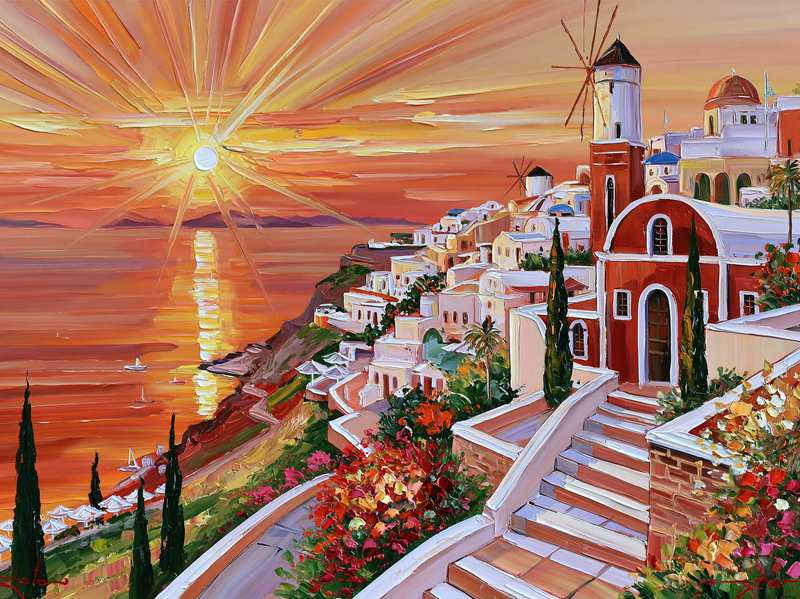 Palette-knife oil painting of Oia Santorini at sunset, white cubic houses and blue domes cascading down the cliff above a burning caldera