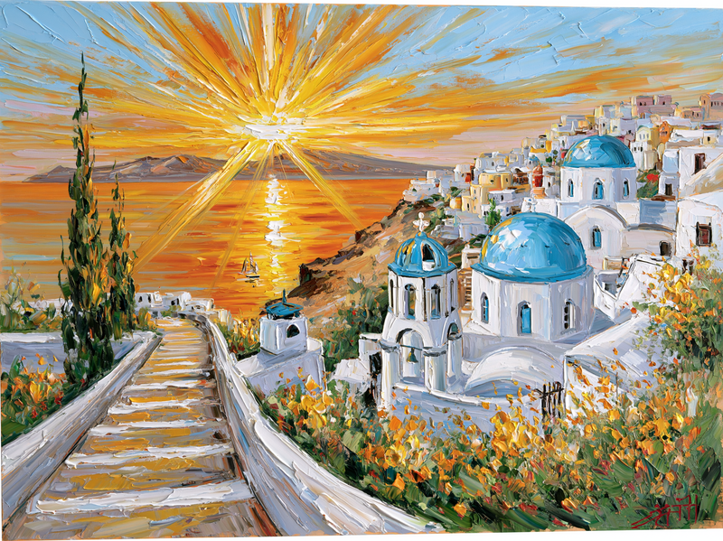 Palette-knife oil painting of Oia Santorini at sunset, white cubic houses and blue domes cascading down the cliff above a burning caldera