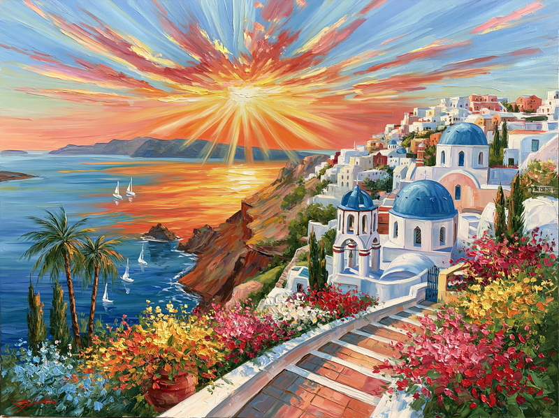 Palette-knife oil painting of Oia Santorini at sunset, white cubic houses and blue domes cascading down the cliff above a burning caldera