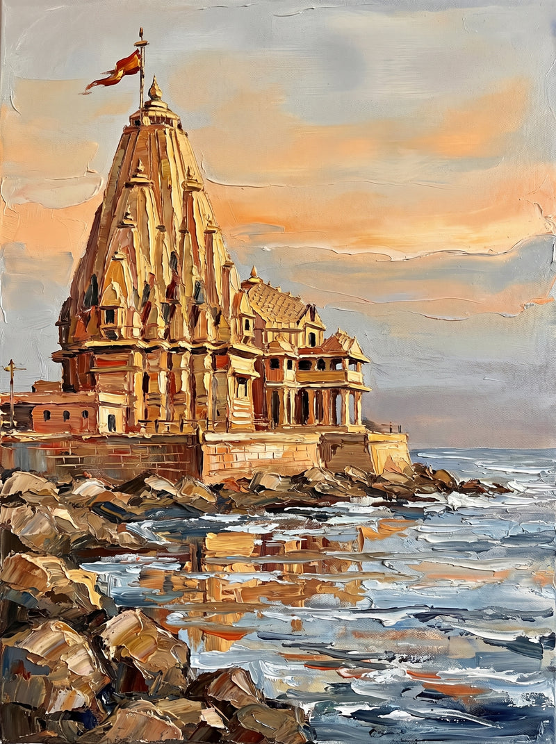 Palette-knife oil painting of the Somnath Temple, Gujarat, its sandstone tower and flag on a rocky headland over the Arabian Sea with white waves breaking on dark boulders below