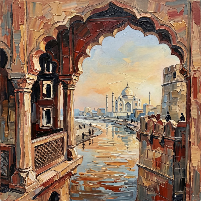 Palette-knife oil painting framing the misty Taj Mahal through a scalloped red sandstone arch of Agra Fort, with carved jali, pillars and small figures over the Yamuna
