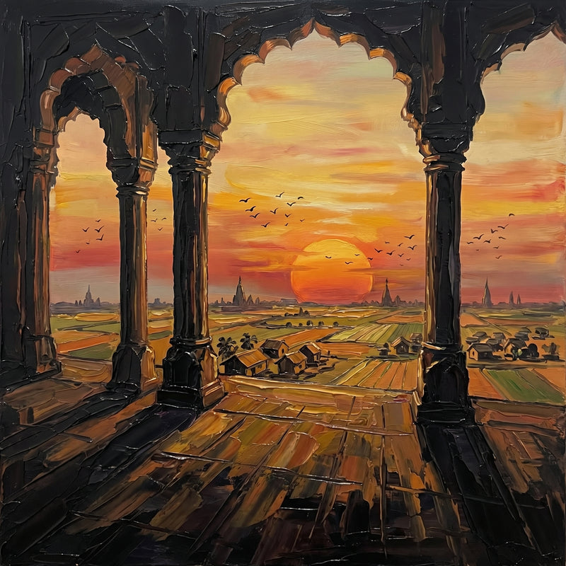 Palette-knife oil painting of Barsana at sunset, dark temple arches silhouetted against a fiery orange sun over the Braj plains with distant spires and a village