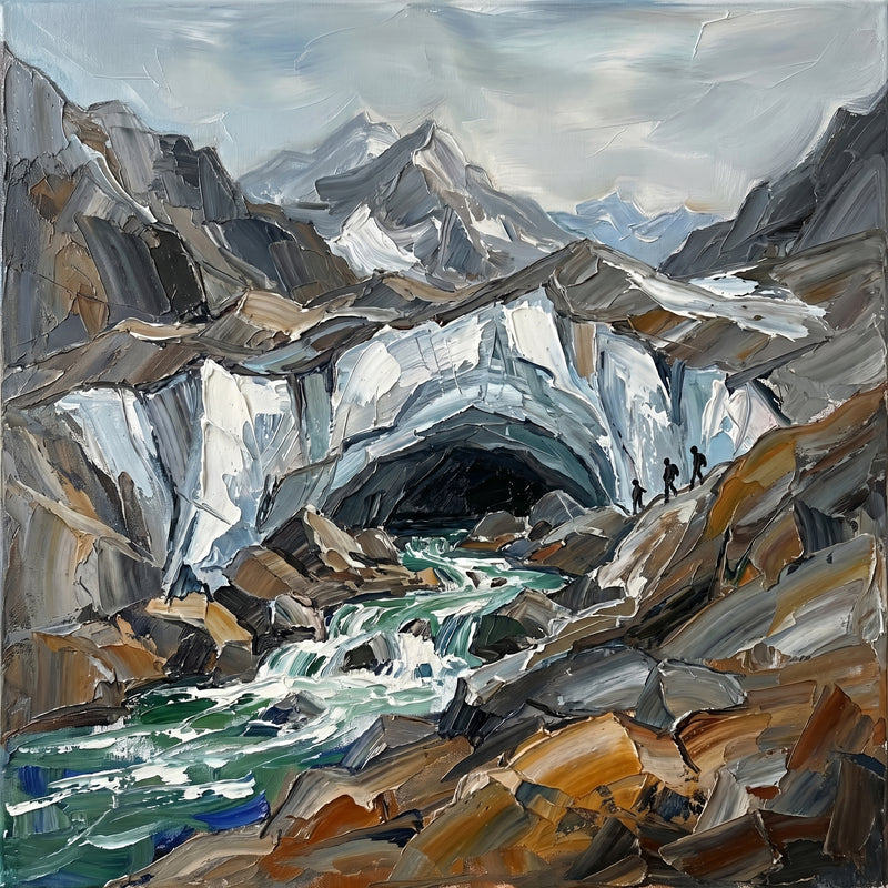 Palette-knife oil painting of Gaumukh, turquoise meltwater gushing from the blue snout of the Gangotri glacier over an ochre moraine with snow peaks and tiny trekkers