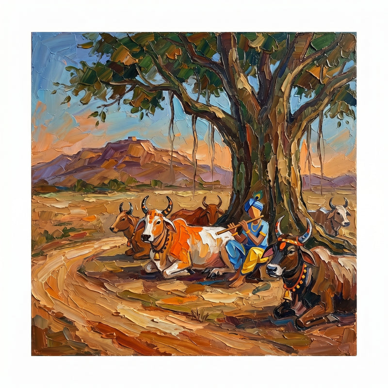 Palette-knife oil painting of blue-skinned Krishna in a yellow dhoti playing the flute under a tree among resting decorated cows with ochre Govardhan hills behind