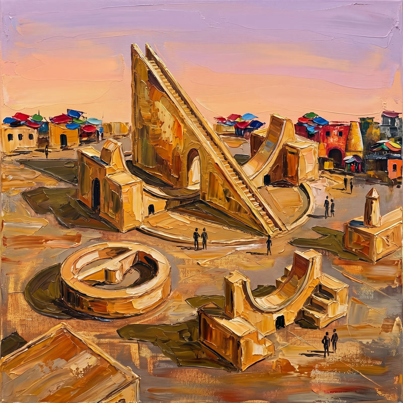 Palette-knife oil painting of Jaipur's Jantar Mantar, the giant ochre Samrat Yantra sundial and curved masonry instruments under a peach sky with a coloured market behind