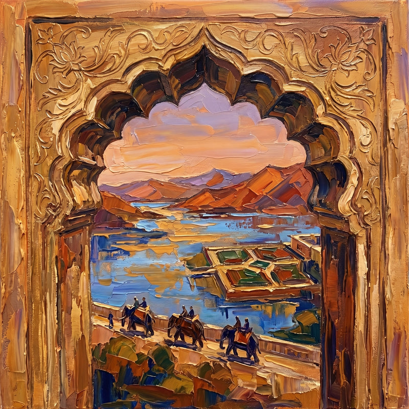 Palette-knife oil painting viewed through a carved gold arch at Amber Fort Jaipur, looking over blue Maota Lake and the green Kesar Kyari garden with elephants on the ramp and rust hills behind
