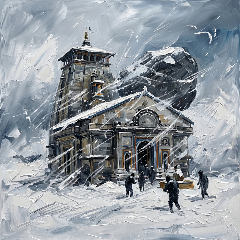 Palette-knife oil painting of Kedarnath temple in a snowstorm, the grey stone shrine and dark rock behind driving diagonal snow with small bundled figures in the foreground