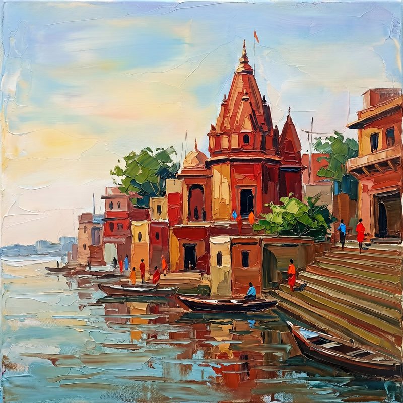 Palette-knife oil painting of a riverside temple ghat in morning light, a red beehive shikhara above stone steps with moored boats, saffron-clad figures and green trees beside calm water