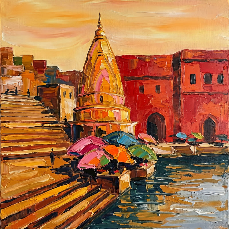 Palette-knife oil painting of a Mathura ghat on the Yamuna at sunset, a glowing gold temple beside a deep-red haveli with coloured umbrellas over the steps and teal water with golden reflections