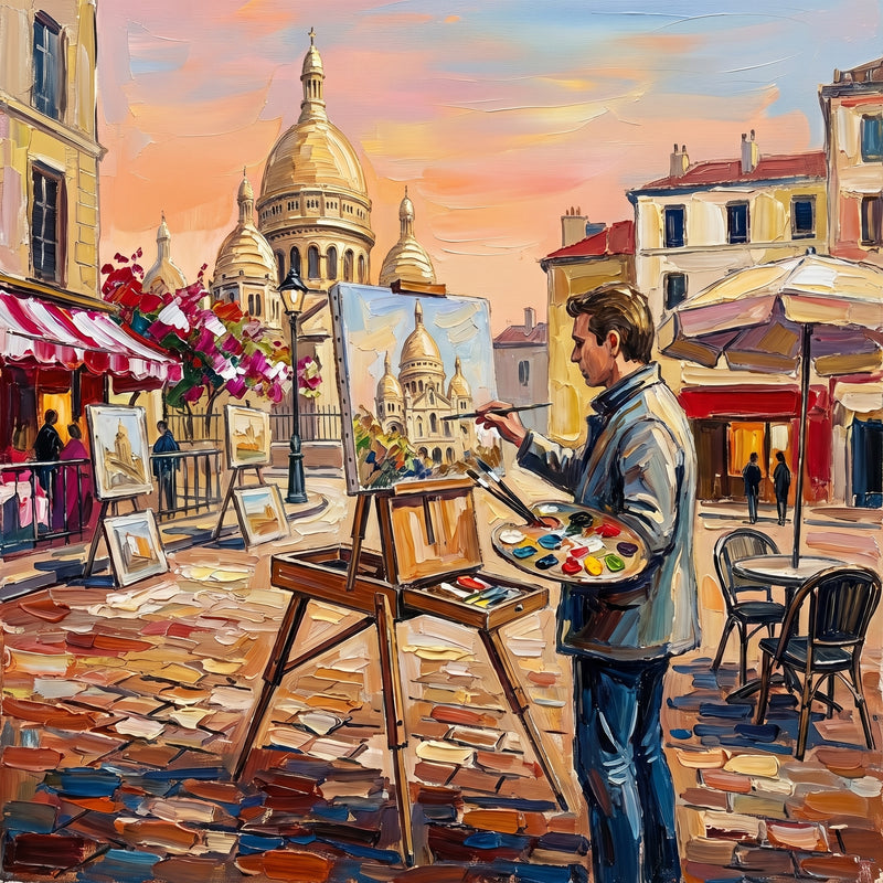 Palette-knife oil painting of a Montmartre street painter at his easel in Paris, the cream domes of Sacre-Coeur behind under a peach sky with a striped cafe awning and cobblestones