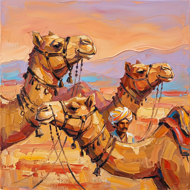 Palette-knife oil painting of decorated camels with tasselled bridles at the Pushkar Camel Fair, a turbaned herder among them with dusty desert dunes and a peach sky behind