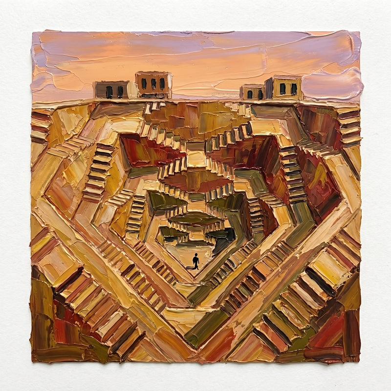 Palette-knife oil painting of a Rajasthan stepwell seen from above, zigzag flights of ochre and rust sandstone steps converging to a tiny figure at the floor under a lavender sky