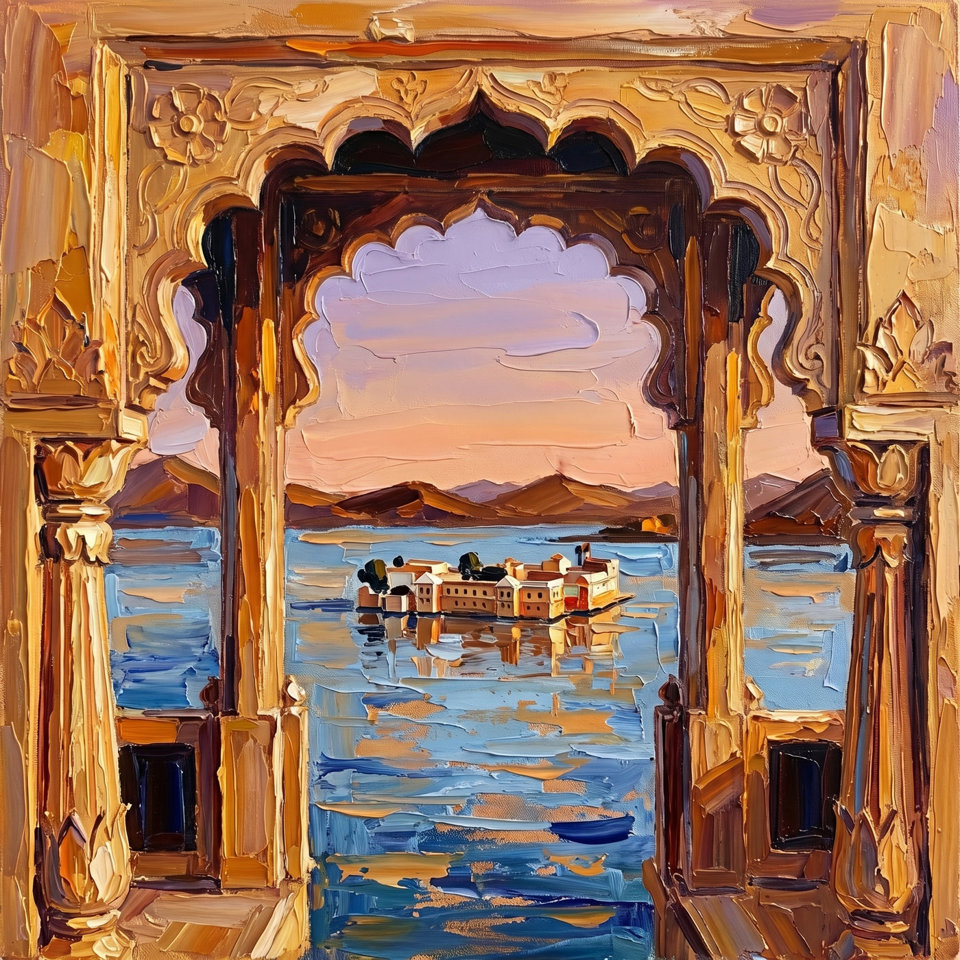 Palette-knife oil painting of the white Lake Palace floating on Lake Pichola in Udaipur, seen through a carved gold Rajput arch with Aravalli hills and a lilac sky