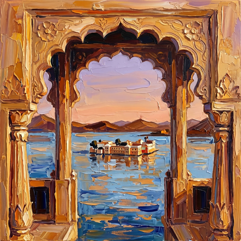 Palette-knife oil painting of the white Lake Palace floating on Lake Pichola in Udaipur, seen through a carved gold Rajput arch with Aravalli hills and a lilac sky