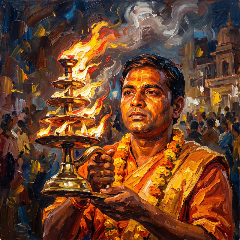 Palette-knife oil painting of a Varanasi priest at the Ganga aarti, lifting a tiered brass lamp of orange flame, wearing a saffron robe and marigold garland with a firelit face