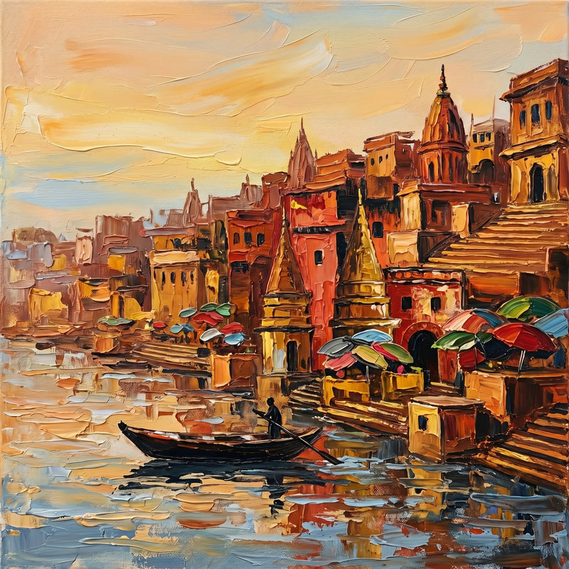 Palette-knife oil painting of a lone boatman poling a dark country boat past the Varanasi ghats at sunrise, stacked terracotta buildings and a temple spire under a cream-gold sky