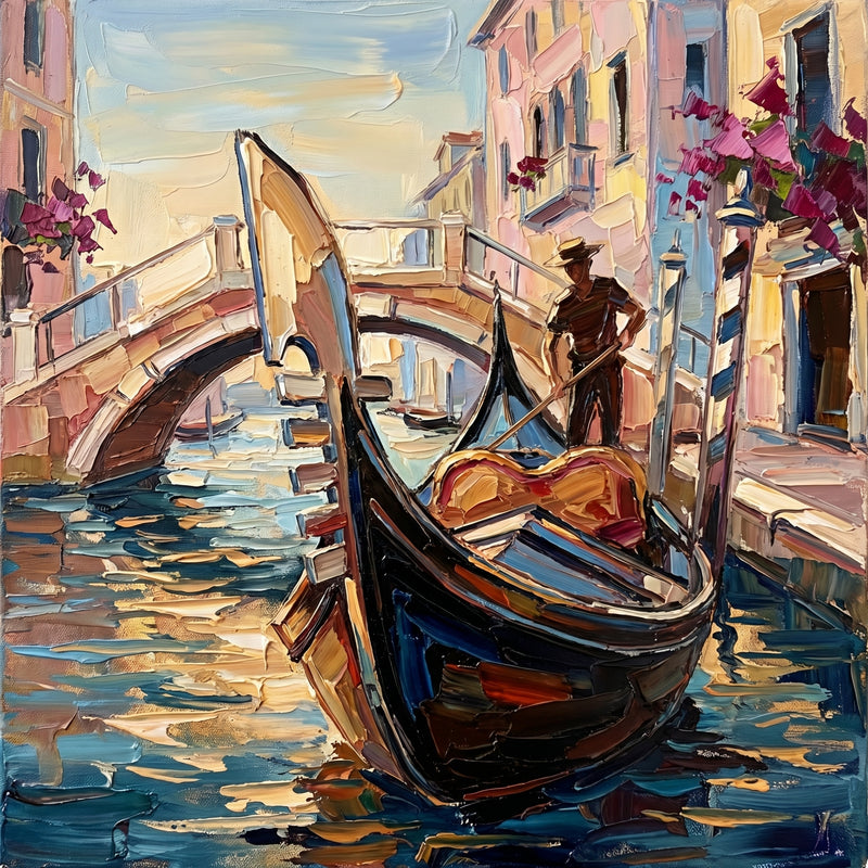 Palette-knife oil painting of a black gondola and straw-hatted gondolier under a pale stone bridge on a Venice canal, pastel houses and magenta bougainvillea with blue-gold water