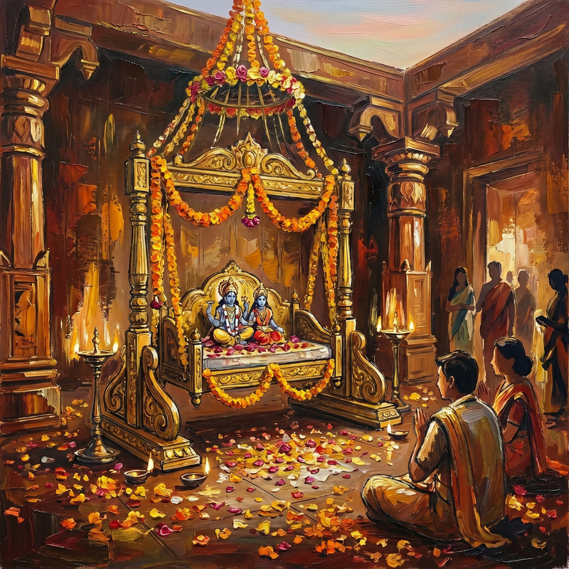Palette-knife oil painting of Radha and Krishna on a gilded flower-draped jhula swing in a Vrindavan temple, scattered marigold petals, brass oil lamps and a watching devotee couple