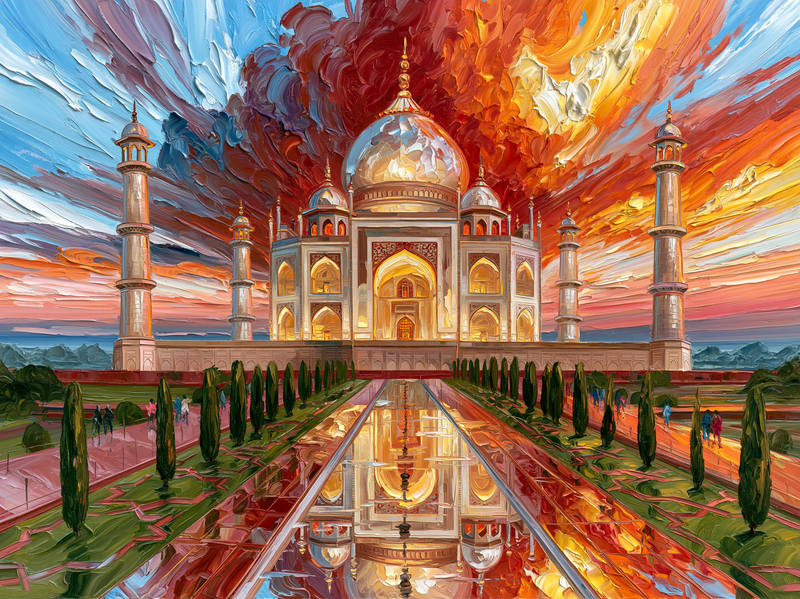 Palette-knife oil painting of the Taj Mahal reflected in the long garden water channel with cypress avenues and monsoon cloud massing behind the dome