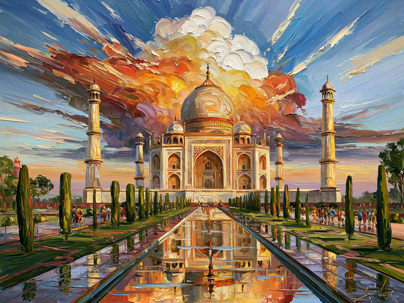 Palette-knife oil painting of the Taj Mahal reflected in the long garden water channel with cypress avenues and monsoon cloud massing behind the dome