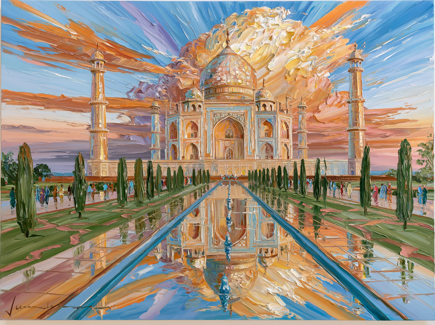Palette-knife oil painting of the Taj Mahal reflected in the long garden water channel with cypress avenues and monsoon cloud massing behind the dome