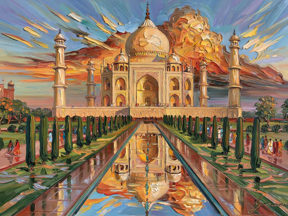 Palette-knife oil painting of the Taj Mahal reflected in the long garden water channel with cypress avenues and monsoon cloud massing behind the dome