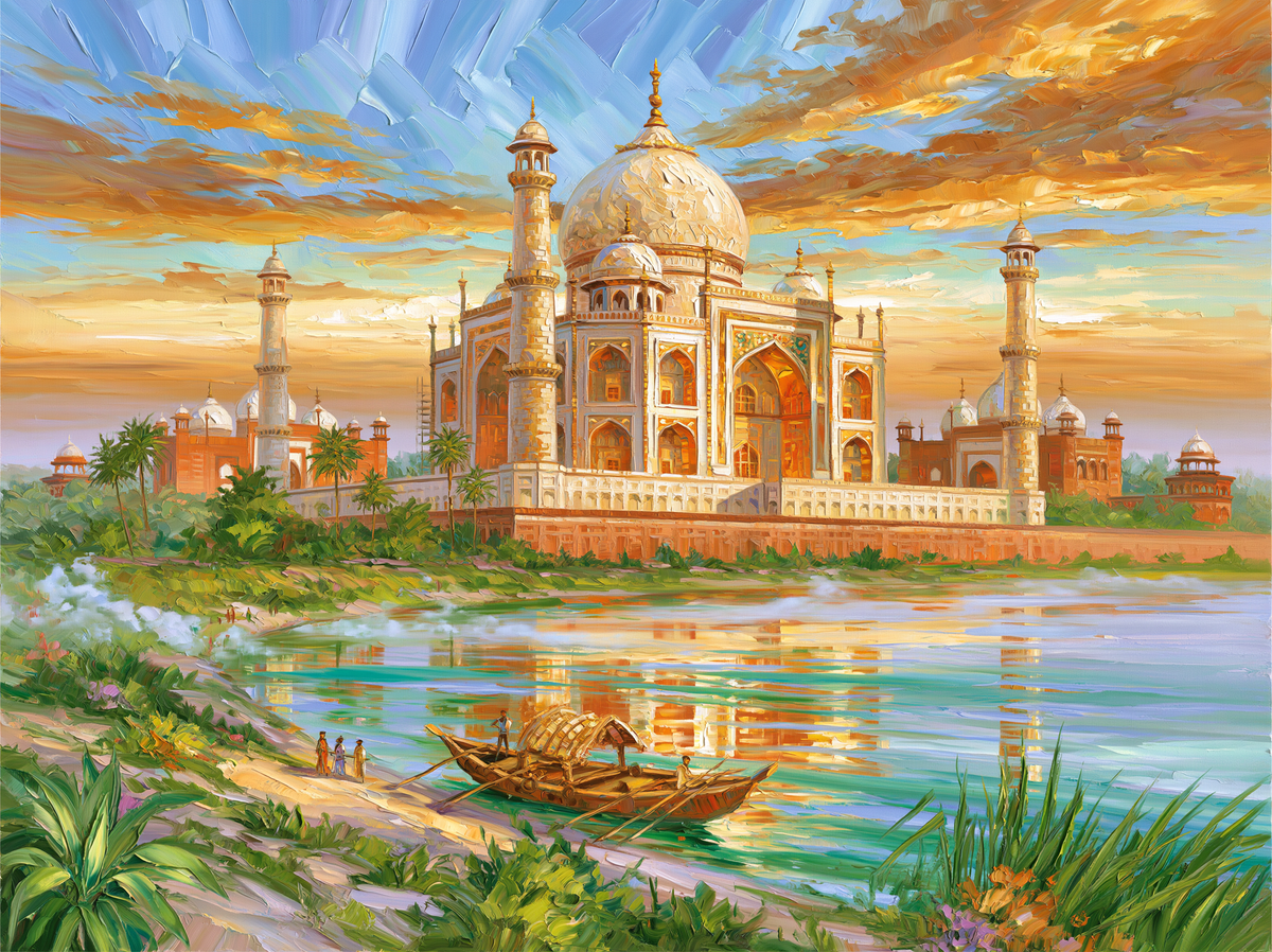 Palette-knife oil painting of the Taj Mahal seen across the Yamuna from Mehtab Bagh at dawn, white marble catching the first warm light through river mist