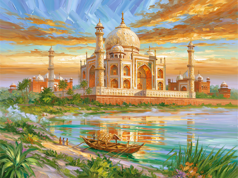 Palette-knife oil painting of the Taj Mahal seen across the Yamuna from Mehtab Bagh at dawn, white marble catching the first warm light through river mist