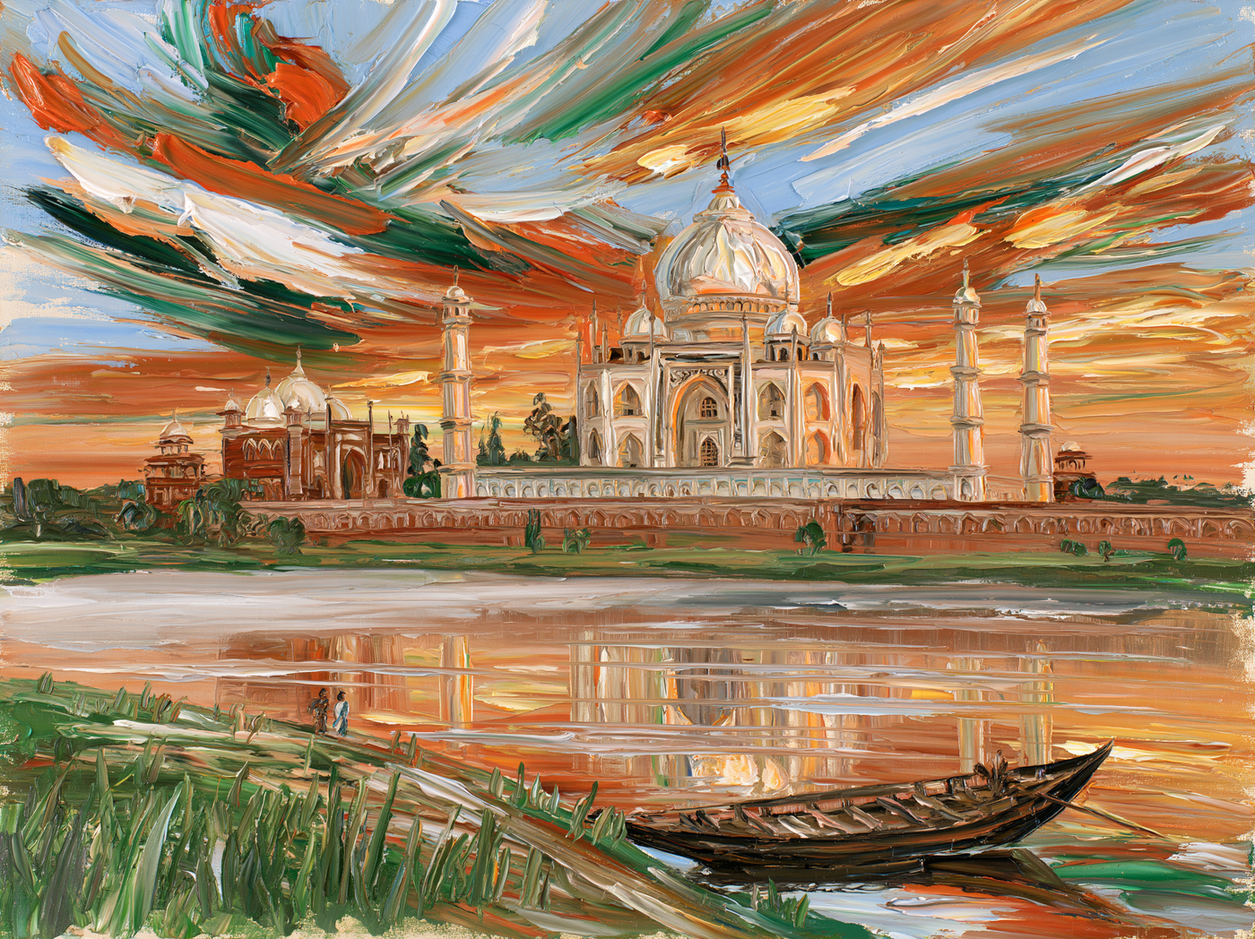 Palette-knife oil painting of the Taj Mahal seen across the Yamuna from Mehtab Bagh at dawn, white marble catching the first warm light through river mist