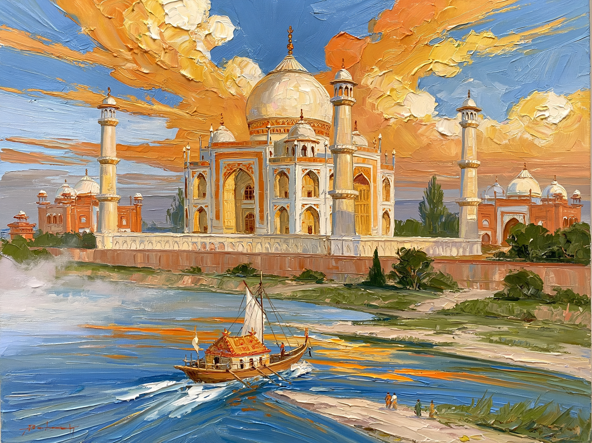 Palette-knife oil painting of the Taj Mahal seen across the Yamuna from Mehtab Bagh at dawn, white marble catching the first warm light through river mist