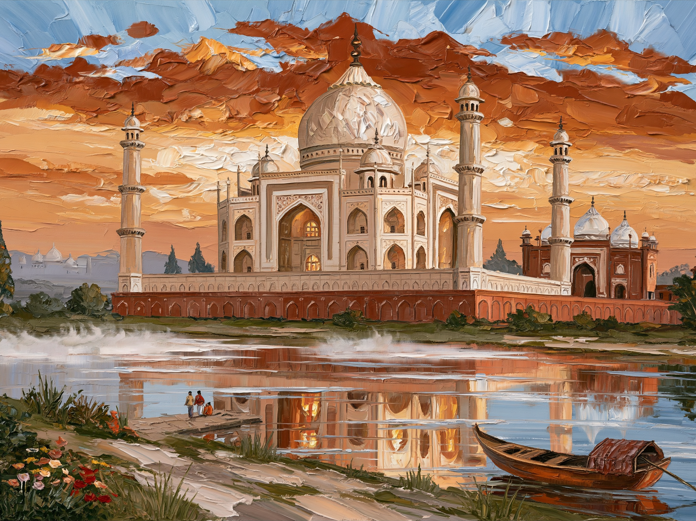 Palette-knife oil painting of the Taj Mahal seen across the Yamuna from Mehtab Bagh at dawn, white marble catching the first warm light through river mist